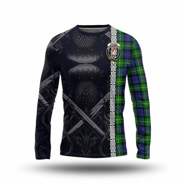 Meldrum Tartan Long Sleeve T-Shirt with Family Crest Cross Sword Thistle Celtic Vibes Unisex - Tartan Vibes Clothing