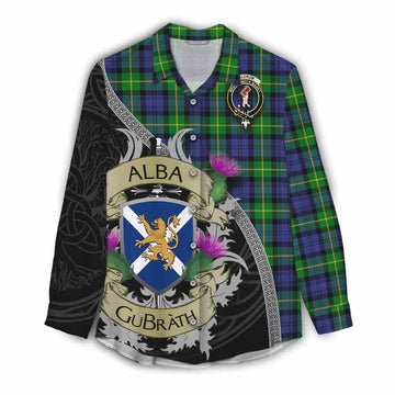 Meldrum Tartan Family Crest Women's Casual Shirt Lion Rampant Royal Thistle Shield Celtic Inspired Female - Tartan Vibes Clothing