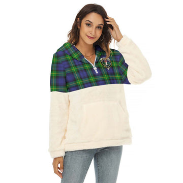Meldrum Tartan Half Style Women's Borg Fleece Hoodie with Half Zip with Family Crest Female - Tartan Vibes Clothing