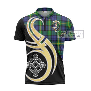 Meldrum Tartan Zipper Polo Shirt with Family Crest and Celtic Symbol Style - Tartan Vibes Clothing