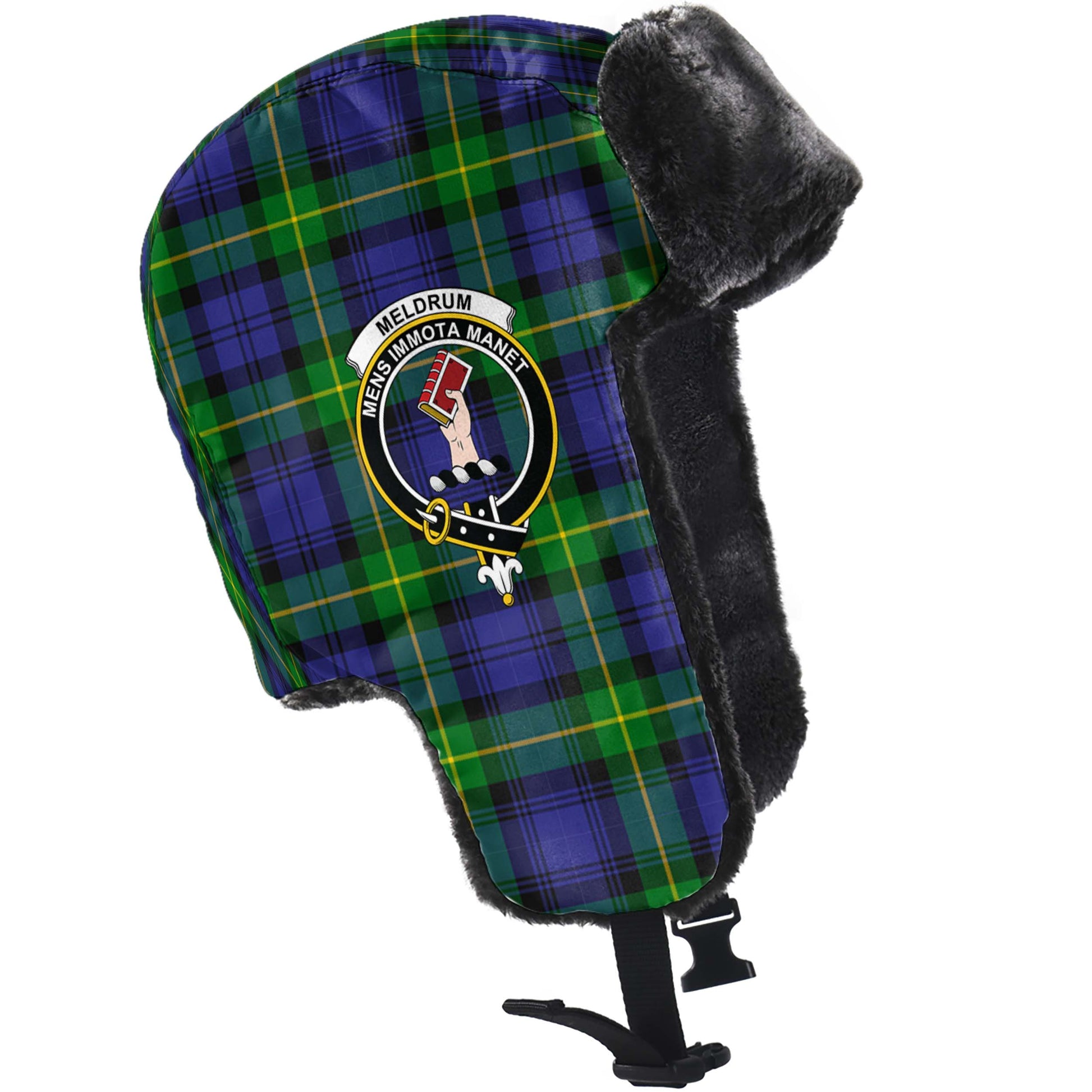 Meldrum Tartan Winter Trapper Hat with Family Crest - Tartan Vibes Clothing