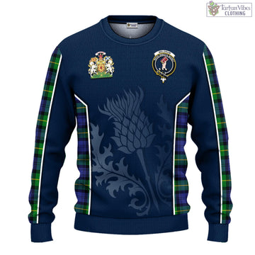 Tartan Vibes Clothing Meldrum Tartan Knitted Sweatshirt with Family Crest and Scottish Thistle Vibes Sport Style