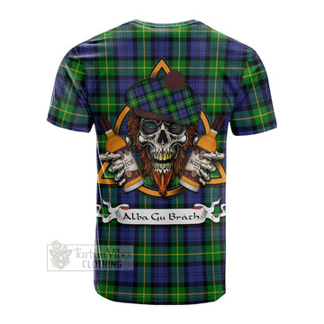 Tartan Vibes Clothing Meldrum Tartan Cotton T-shirt with Family Crest and Bearded Skull Holding Bottles of Whiskey