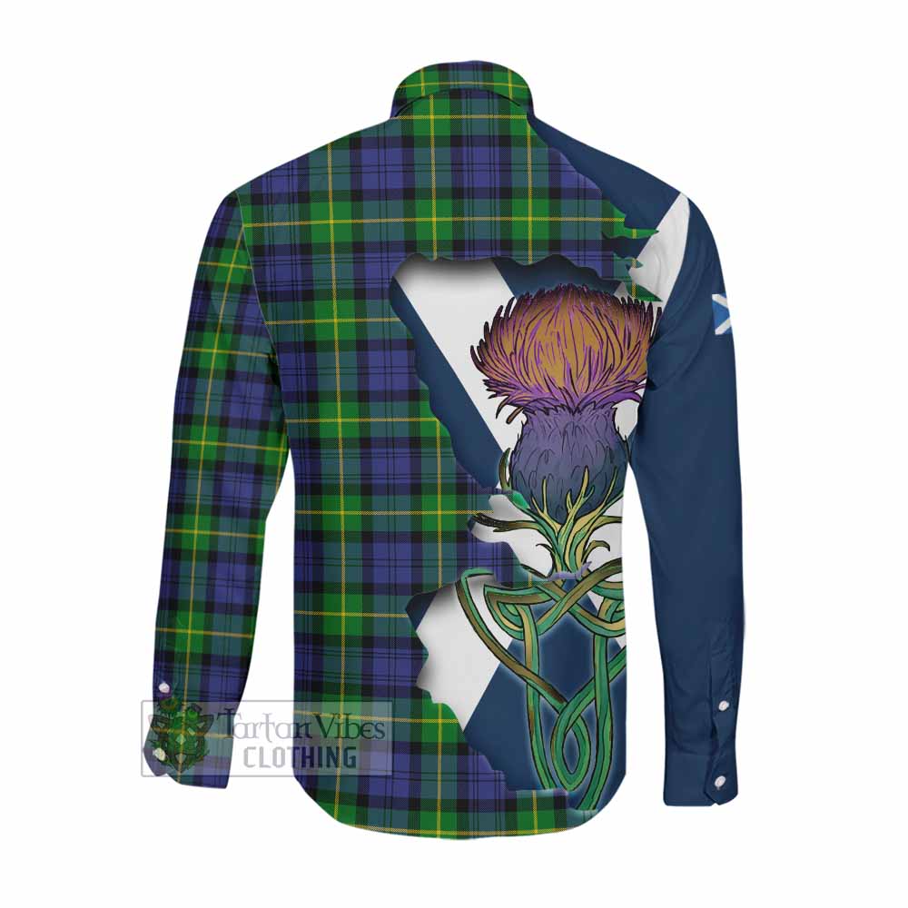 Meldrum Tartan Family Crest Long Sleeve Button Shirt Scottish Thistle Celtic Inspired Men's Shirt - Tartan Vibes Clothing