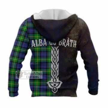 Tartan Vibes Clothing Meldrum Tartan Family Crest Knitted Hoodie Alba Gu Brath Be Brave Lion Ancient Style