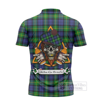 Meldrum Tartan Zipper Polo Shirt with Family Crest and Bearded Skull Holding Bottles of Whiskey - Tartan Vibes Clothing