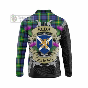 Meldrum Tartan Family Crest Long Sleeve Polo Shirt Lion Rampant Royal Thistle Shield Celtic Inspired - Tartan Vibes Clothing