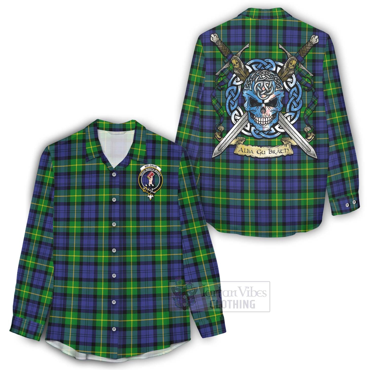 Meldrum Tartan Women's Casual Shirt with Family Crest Celtic Skull Style - Tartan Vibes Clothing