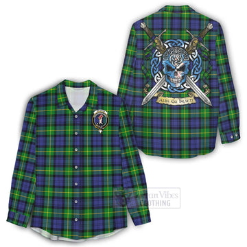 Meldrum Tartan Women's Casual Shirt with Family Crest Celtic Skull Style - Tartan Vibes Clothing