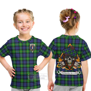 Meldrum Tartan Kid T-Shirt with Family Crest and Bearded Skull Holding Bottles of Whiskey - Tartan Vibes Clothing