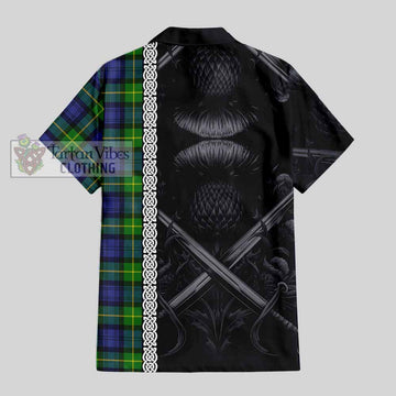 Meldrum Tartan Hawaiian Shirt with Family Crest Cross Sword Thistle Celtic Vibes - Tartan Vibes Clothing