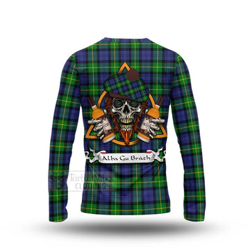 Meldrum Tartan Long Sleeve T-Shirt with Family Crest and Bearded Skull Holding Bottles of Whiskey - Tartan Vibes Clothing