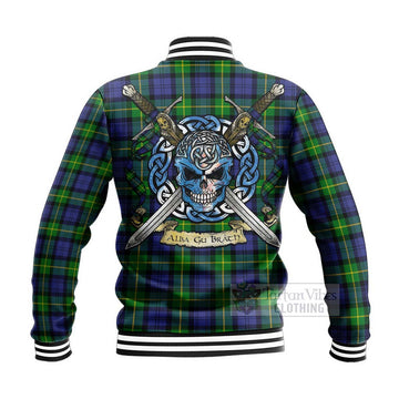 Meldrum Tartan Baseball Jacket with Family Crest Celtic Skull Style - Tartan Vibes Clothing