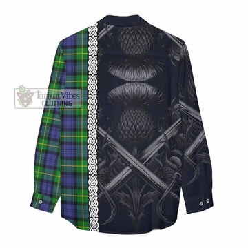 Meldrum Tartan Women's Casual Shirt with Family Crest Cross Sword Thistle Celtic Vibes - Tartan Vibes Clothing