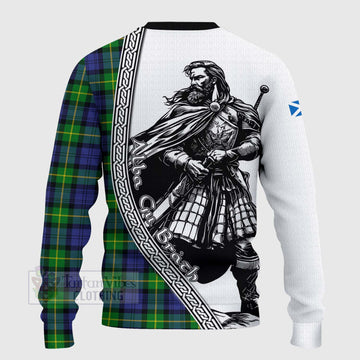 Meldrum Tartan Clan Crest Knitted Sweater with Highlander Warrior Celtic Style - Tartan Vibes Clothing
