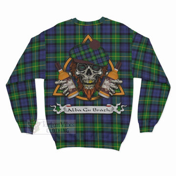 Meldrum Tartan Sweatshirt with Family Crest and Bearded Skull Holding Bottles of Whiskey - Tartan Vibes Clothing
