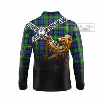 Meldrum Crest Tartan Long Sleeve Polo Shirt with Golden Lion Emblem Celtic Style - Tartan Vibes Clothing