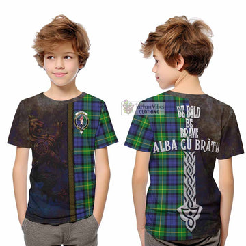 Meldrum Tartan Family Crest Kid T-Shirt Alba Gu Brath Be Brave Lion Ancient Style - Tartan Vibes Clothing