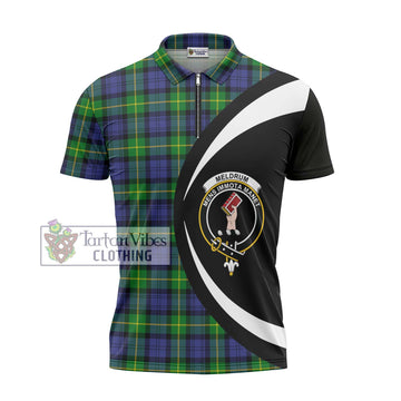 Meldrum Tartan Zipper Polo Shirt with Family Crest Circle Style - Tartan Vibes Clothing