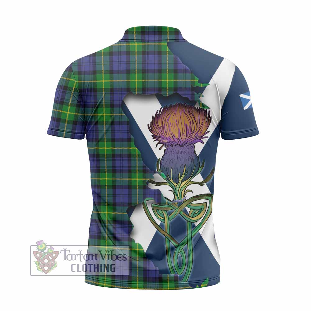Meldrum Tartan Family Crest Zipper Polo Shirt Scottish Thistle Celtic Inspired - Tartan Vibes Clothing