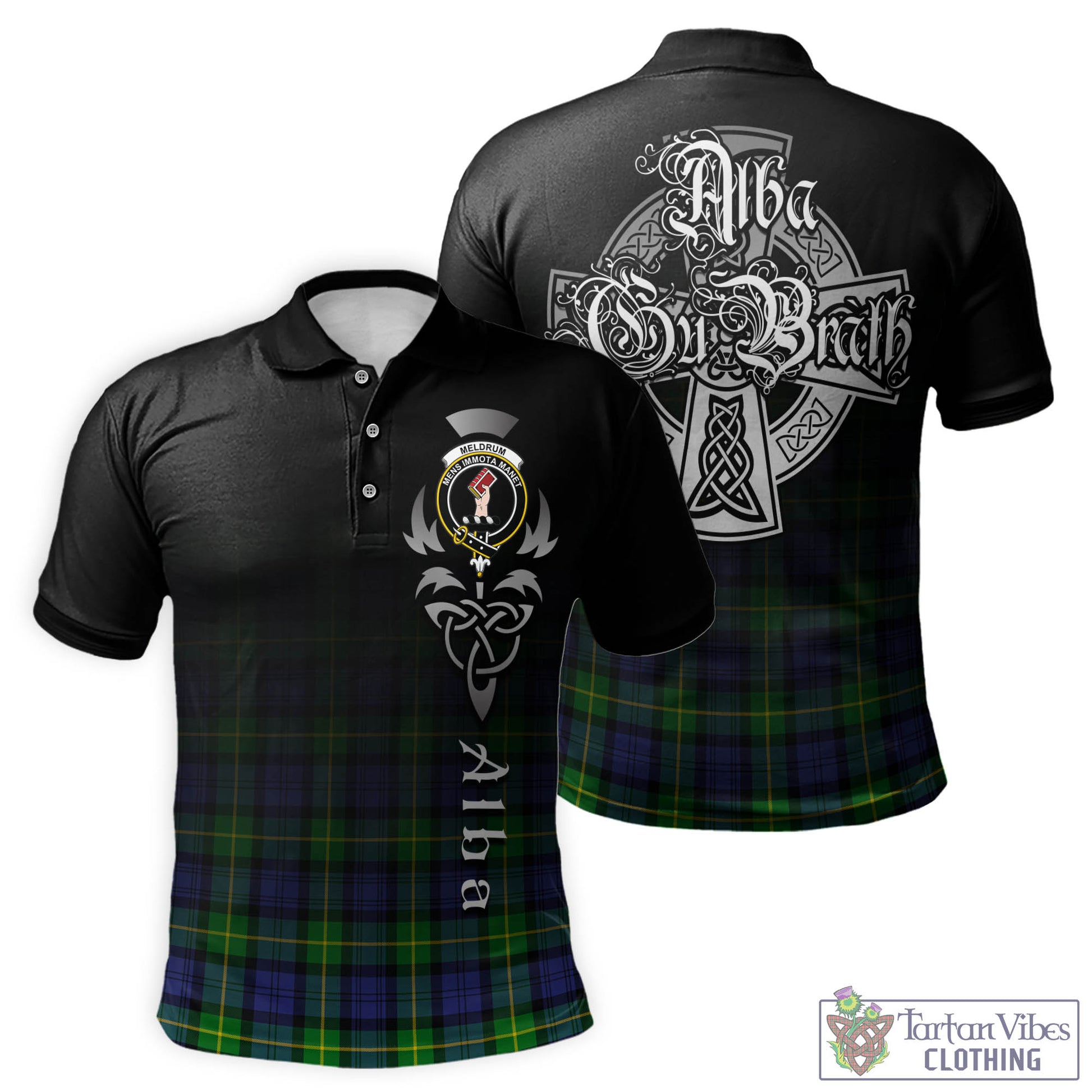 Tartan Vibes Clothing Meldrum Tartan Polo Shirt Featuring Alba Gu Brath Family Crest Celtic Inspired
