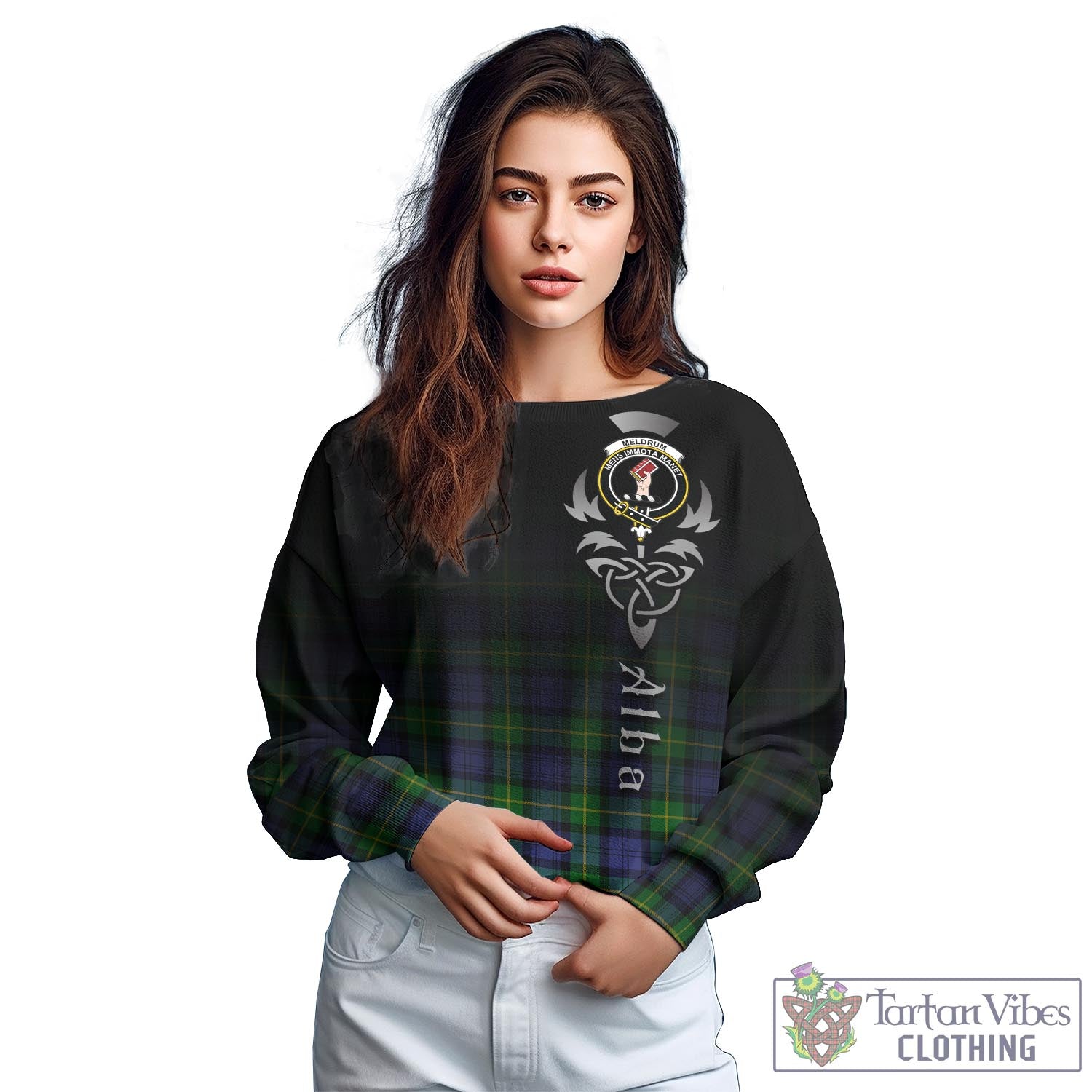 Meldrum Tartan Sweatshirt Featuring Alba Gu Brath Family Crest Celtic Inspired - Tartan Vibes Clothing