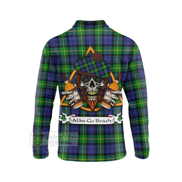 Meldrum Tartan Long Sleeve Polo Shirt with Family Crest and Bearded Skull Holding Bottles of Whiskey - Tartan Vibes Clothing