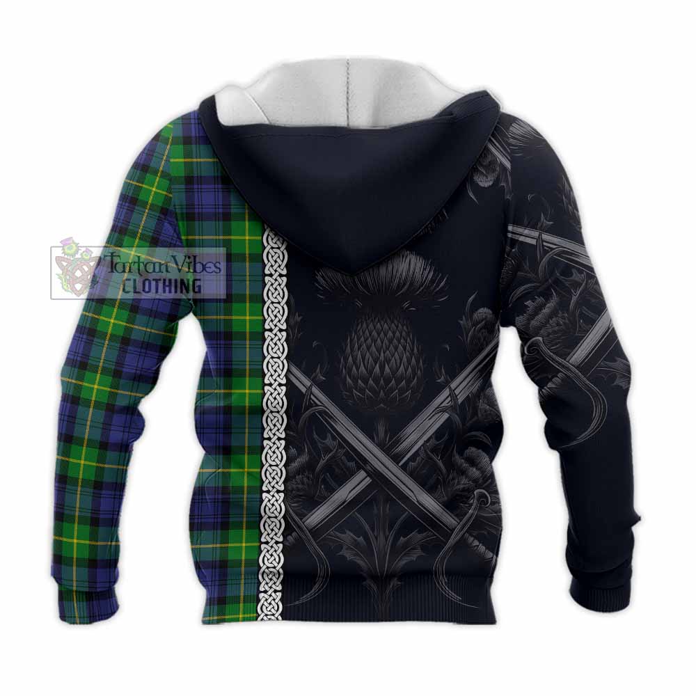 Meldrum Tartan Knitted Hoodie with Family Crest Cross Sword Thistle Celtic Vibes - Tartan Vibes Clothing