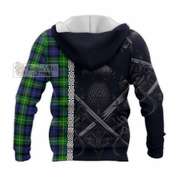 Meldrum Tartan Knitted Hoodie with Family Crest Cross Sword Thistle Celtic Vibes - Tartan Vibes Clothing