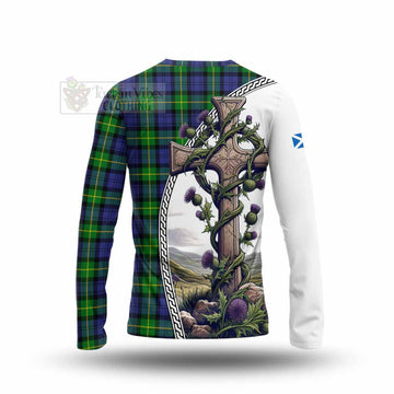 Meldrum Tartan Long Sleeve T-Shirt with Family Crest and St. Andrew's Cross Accented by Thistle Vines - Tartan Vibes Clothing
