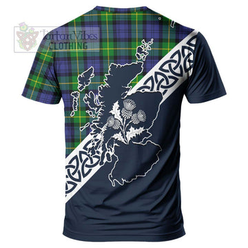 Meldrum Tartan T-Shirt Featuring Thistle and Scotland Map - Tartanvibesclothing Store