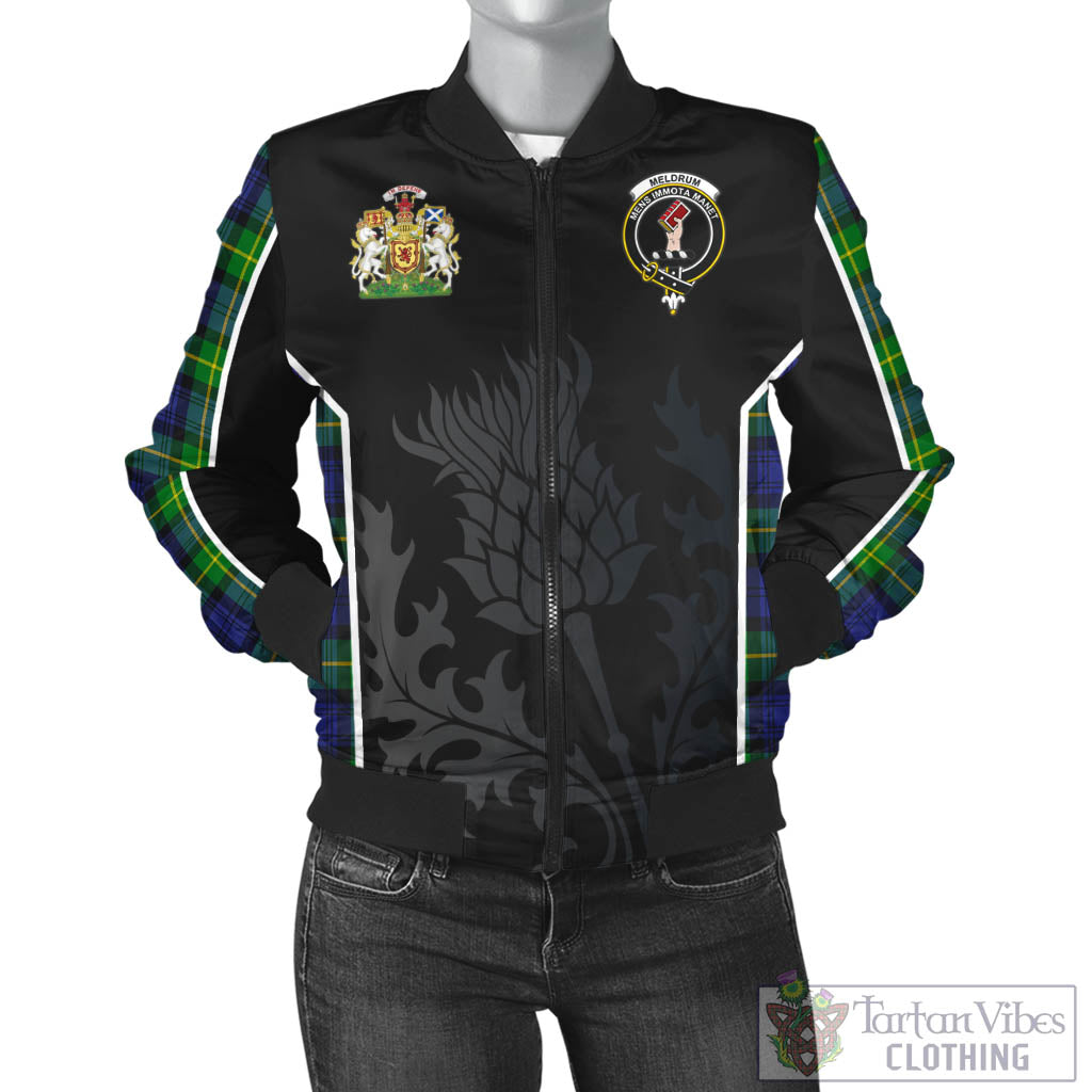 Tartan Vibes Clothing Meldrum Tartan Bomber Jacket with Family Crest and Scottish Thistle Vibes Sport Style