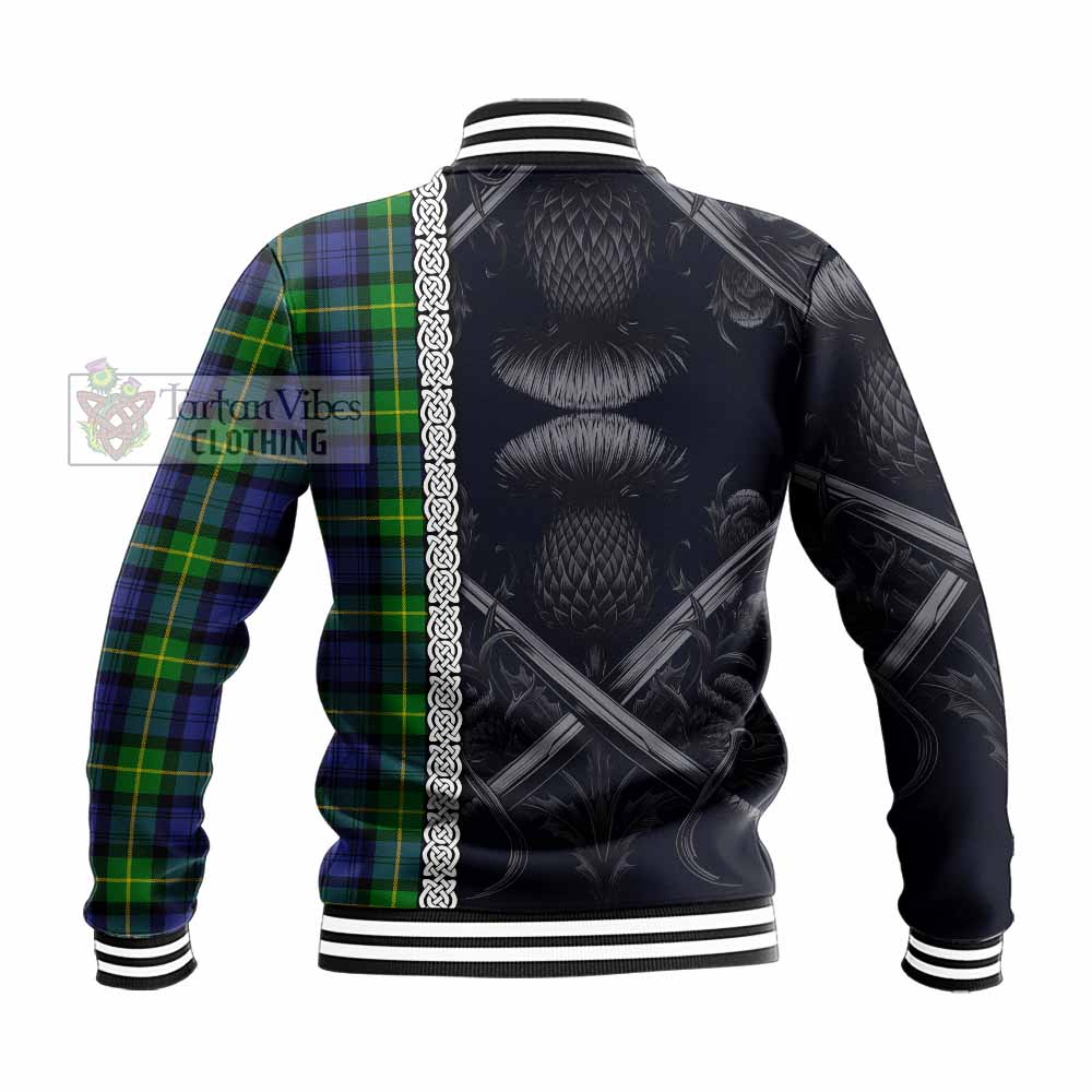 Meldrum Tartan Baseball Jacket with Family Crest Cross Sword Thistle Celtic Vibes - Tartan Vibes Clothing