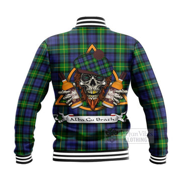Meldrum Tartan Baseball Jacket with Family Crest and Bearded Skull Holding Bottles of Whiskey - Tartan Vibes Clothing