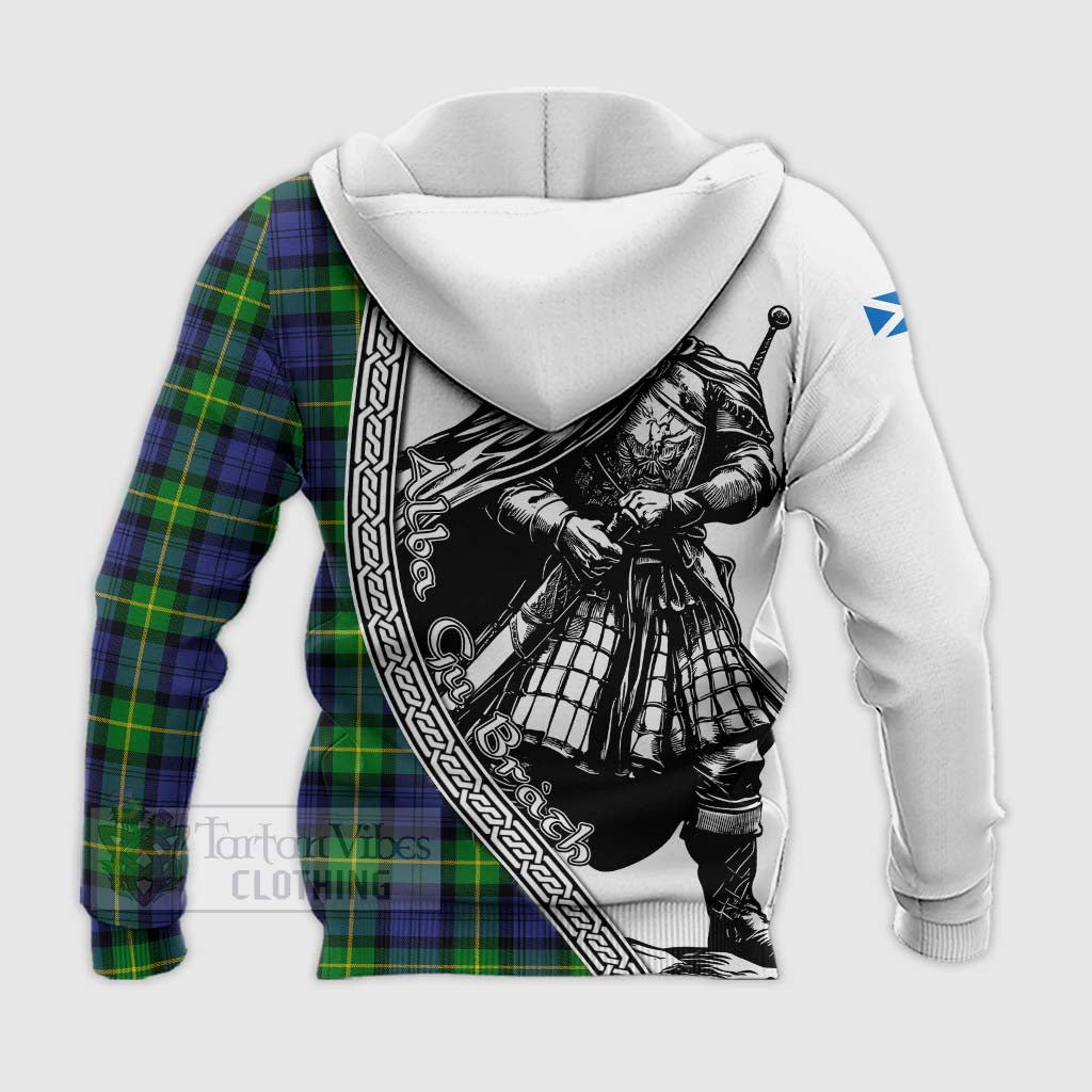 Meldrum Tartan Clan Crest Knitted Hoodie with Highlander Warrior Celtic Style - Tartan Vibes Clothing