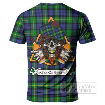 Meldrum Tartan T-Shirt with Family Crest and Bearded Skull Holding Bottles of Whiskey - Tartan Vibes Clothing