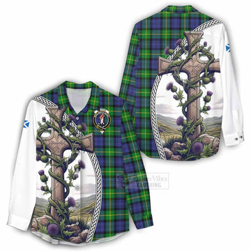 Meldrum Tartan Women's Casual Shirt with Family Crest and St. Andrew's Cross Accented by Thistle Vines - Tartan Vibes Clothing