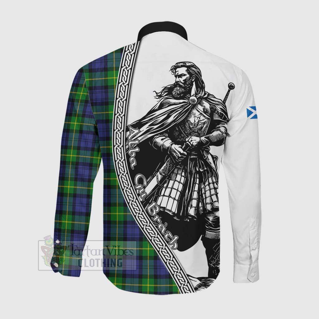 Meldrum Tartan Clan Crest Long Sleeve Button Shirt with Highlander Warrior Celtic Style Men's Shirt - Tartan Vibes Clothing