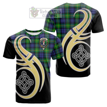 Tartan Vibes Clothing Meldrum Tartan Cotton T-shirt with Family Crest and Celtic Symbol Style