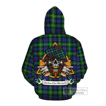 Meldrum Tartan Cotton Hoodie with Family Crest and Bearded Skull Holding Bottles of Whiskey Pullover Hoodie - Tartan Vibes Clothing