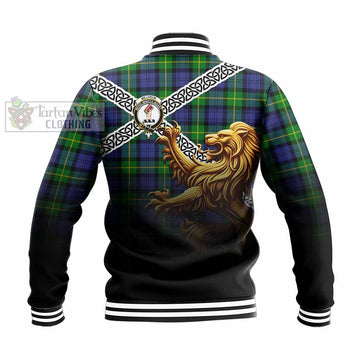 Meldrum Crest Tartan Baseball Jacket with Golden Lion Emblem Celtic Style - Tartan Vibes Clothing
