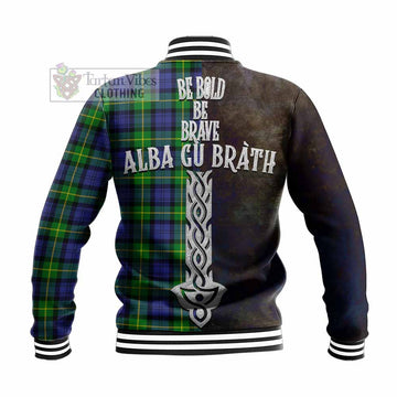 Tartan Vibes Clothing Meldrum Tartan Family Crest Baseball Jacket Alba Gu Brath Be Brave Lion Ancient Style