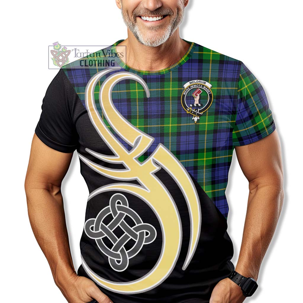 Meldrum Tartan T-Shirt with Family Crest and Celtic Symbol Style - Tartan Vibes Clothing