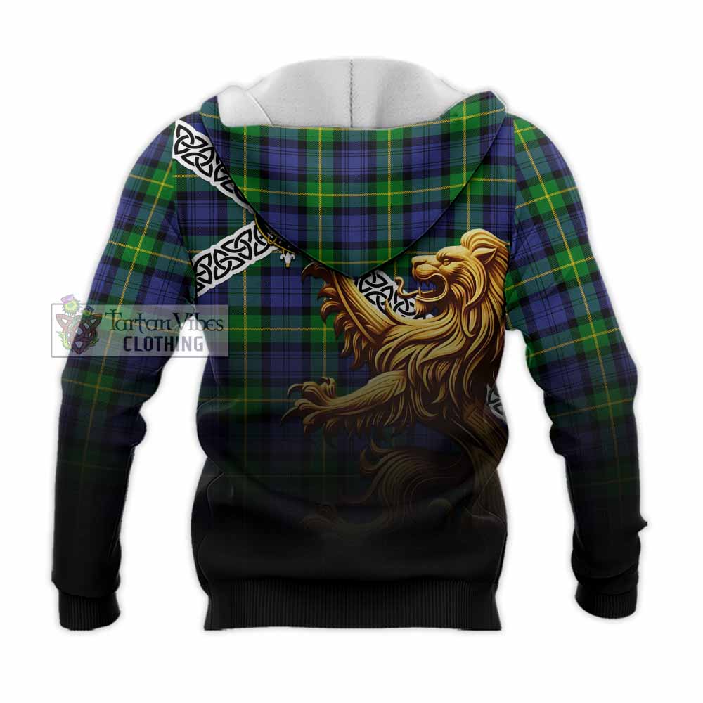 Meldrum Crest Tartan Knitted Hoodie with Golden Lion Emblem Celtic Style - Tartan Vibes Clothing