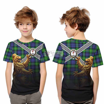 Meldrum Crest Tartan Kid T-Shirt with Golden Lion Emblem Celtic Style - Tartan Vibes Clothing