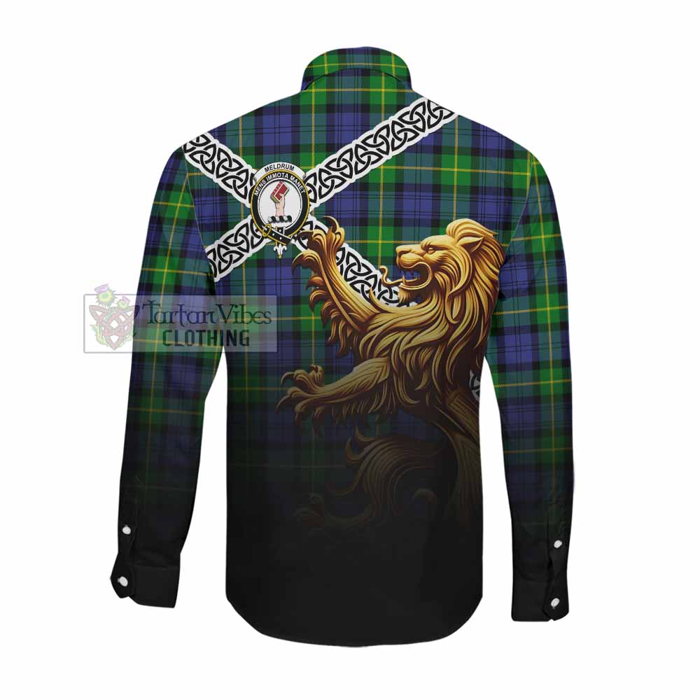 Meldrum Crest Tartan Long Sleeve Button Shirt with Golden Lion Emblem Celtic Style Men's Shirt - Tartan Vibes Clothing