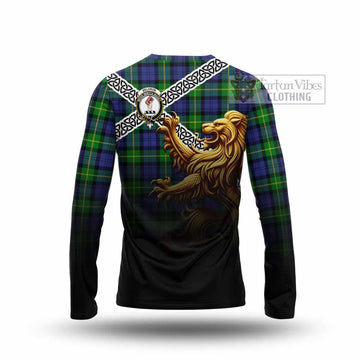 Meldrum Crest Tartan Long Sleeve T-Shirt with Golden Lion Emblem Celtic Style - Tartan Vibes Clothing