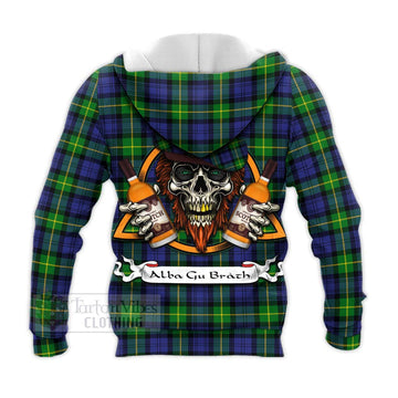 Meldrum Tartan Knitted Hoodie with Family Crest and Bearded Skull Holding Bottles of Whiskey - Tartan Vibes Clothing