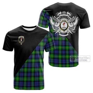 Tartan Vibes Clothing Meldrum Tartan Cotton T-shirt with Family Crest and Military Logo Style