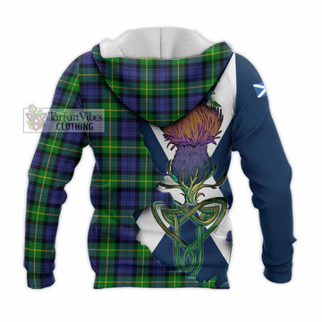 Tartan Vibes Clothing Meldrum Tartan Family Crest Knitted Hoodie Scottish Thistle Celtic Inspired